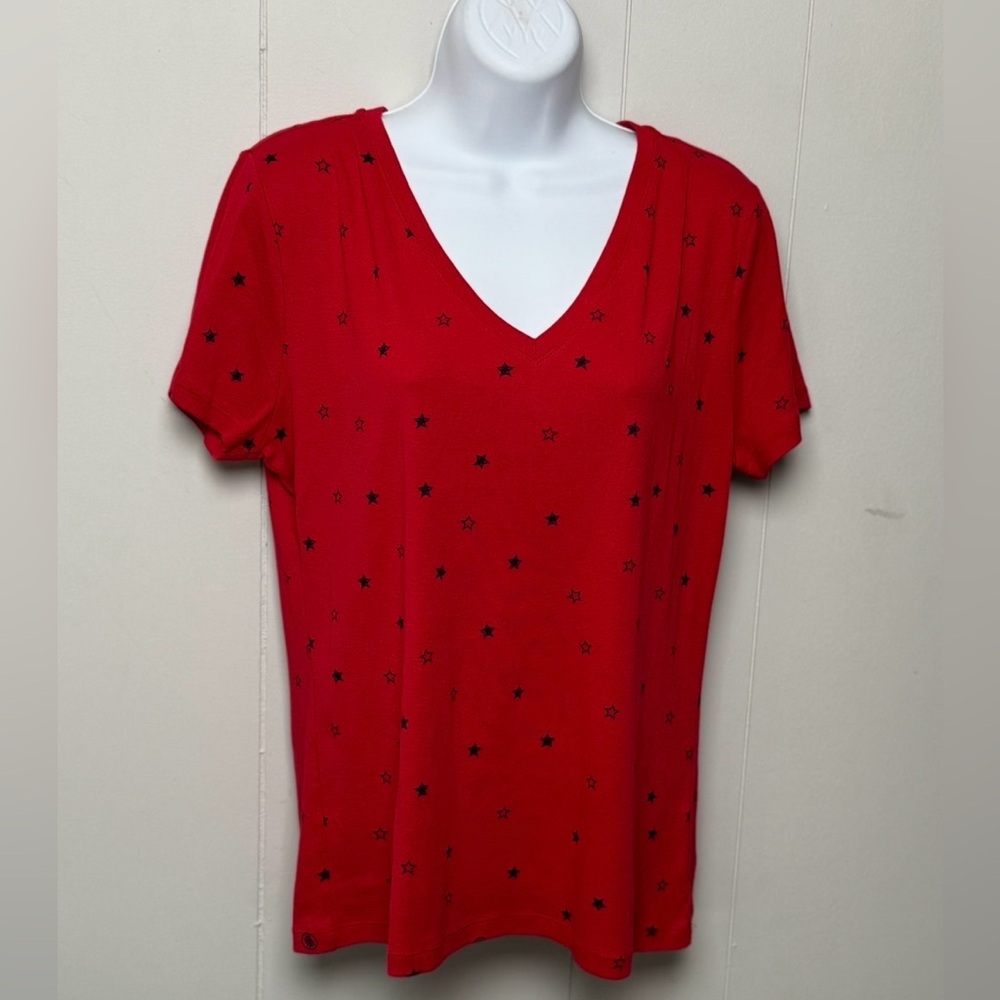 Tommy Hilfiger Red Star-Patterned V Neck 100% Cotton Short Sleeve Top Size L